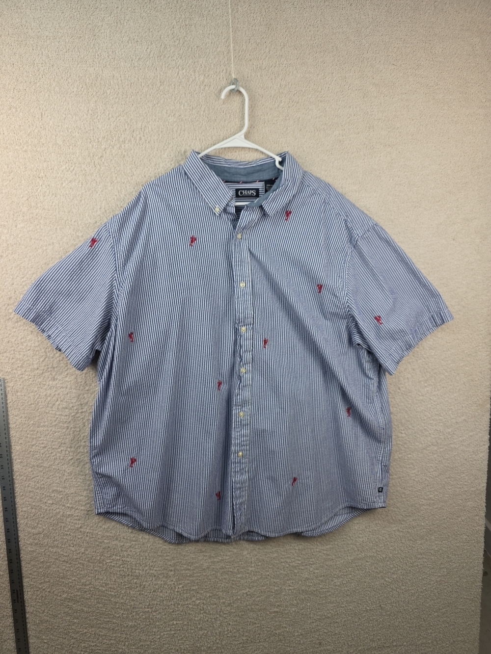 Chaps Men's Blue Stripe Button-Down Shirt with Red Embroidery Lobster 3XB/3TF